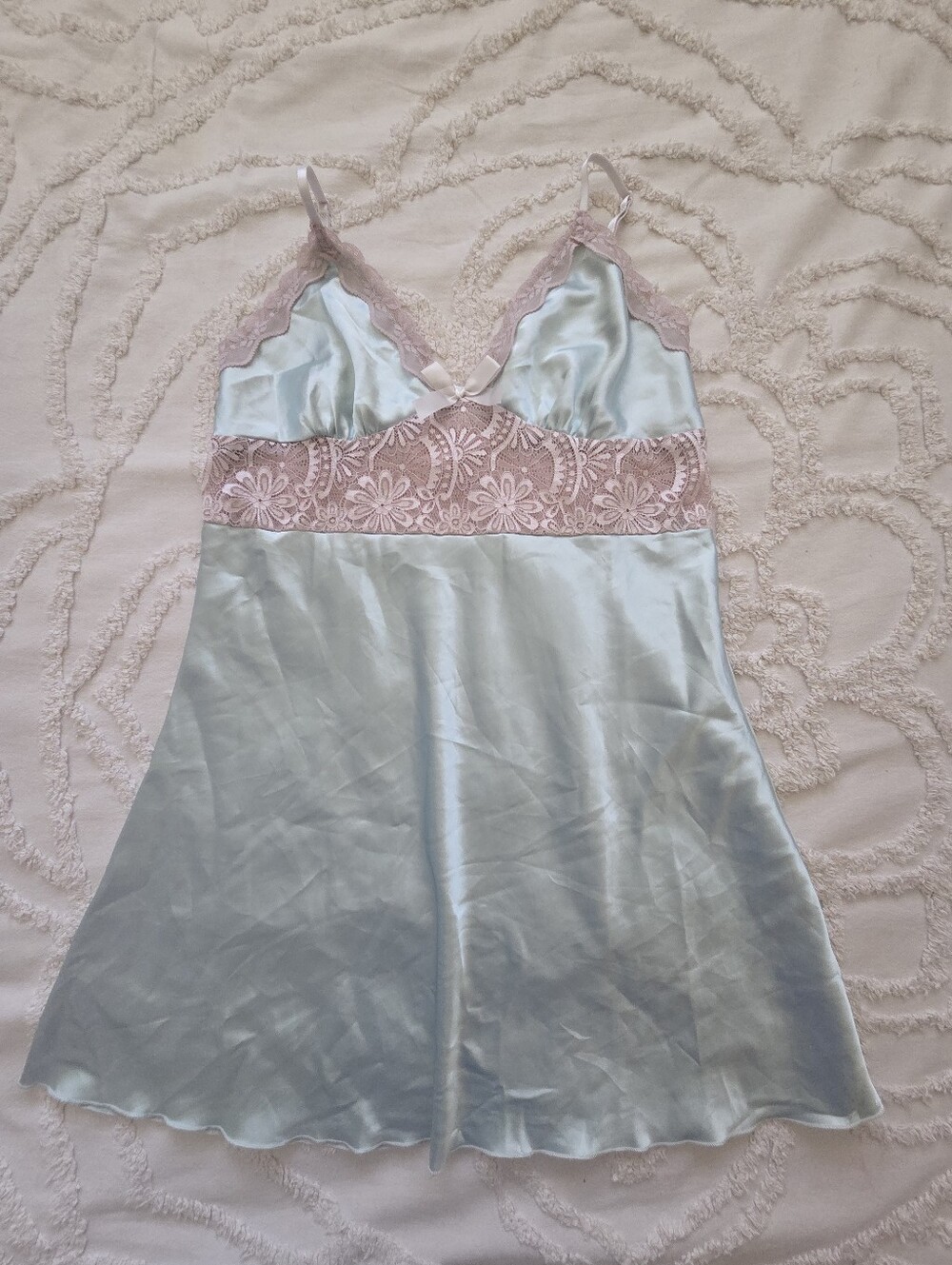 Silky Satin Lace-Trim Chemise Nightdress in Pale Blue and Blush